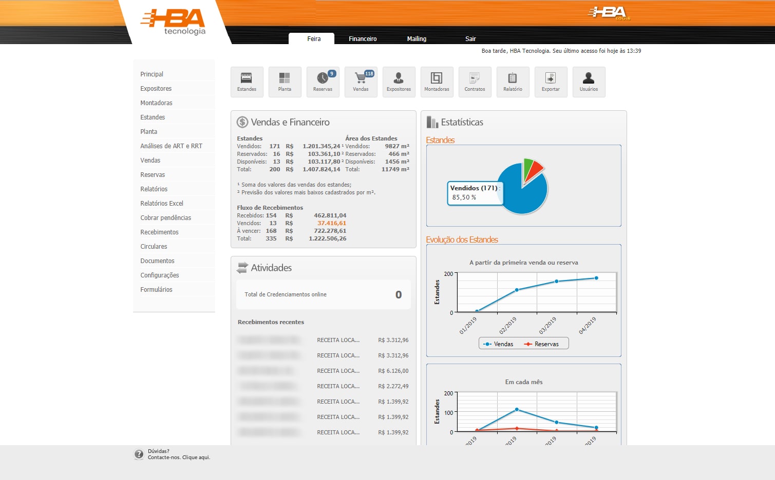 Sistema completo de gerenciamento de feira com acesso disponível para a organização e expositores