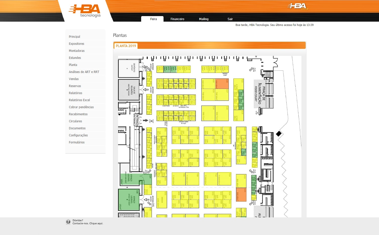 Sistema completo de gerenciamento de feira com acesso disponível para a organização e expositores