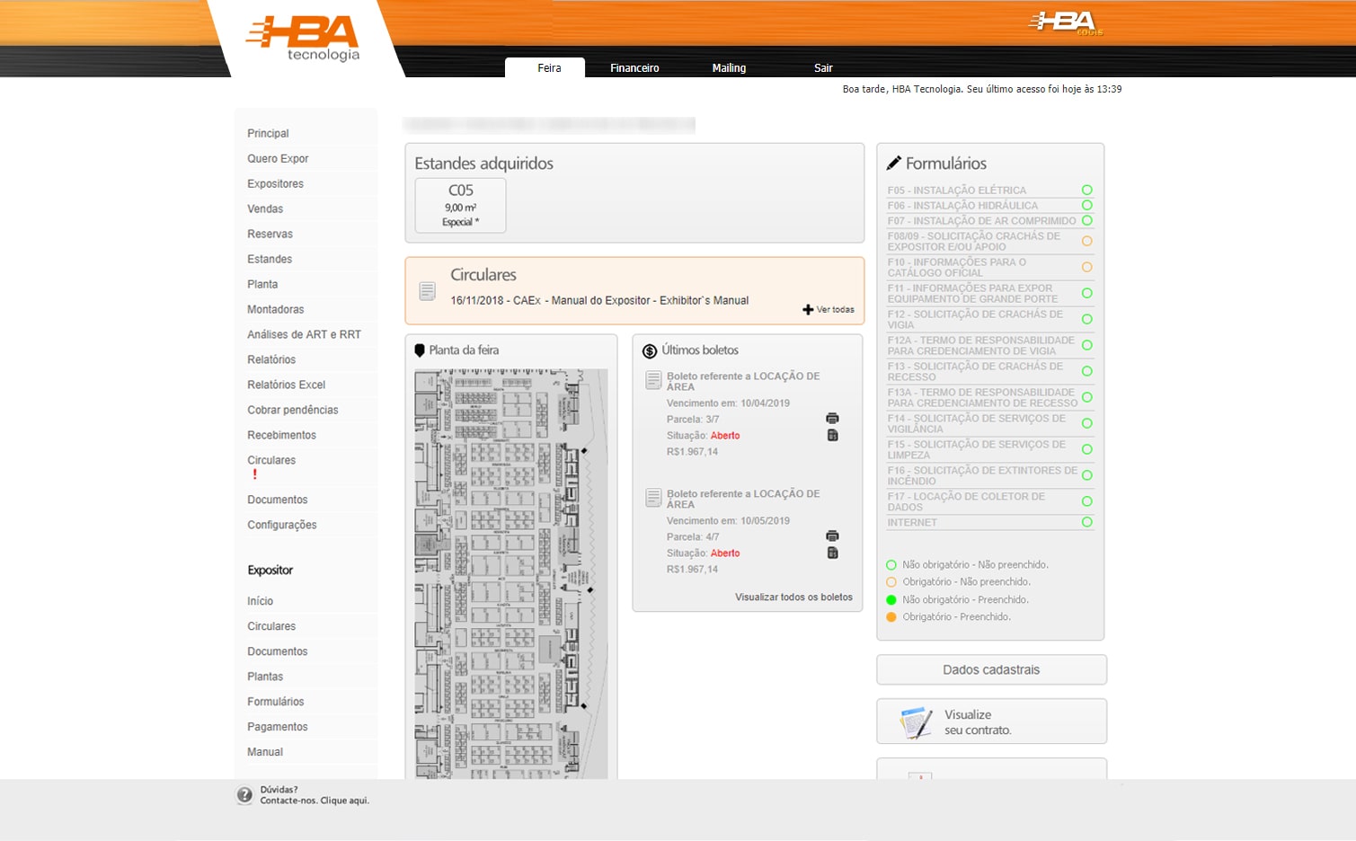 Sistema completo de gerenciamento de feira com acesso disponível para a organização e expositores